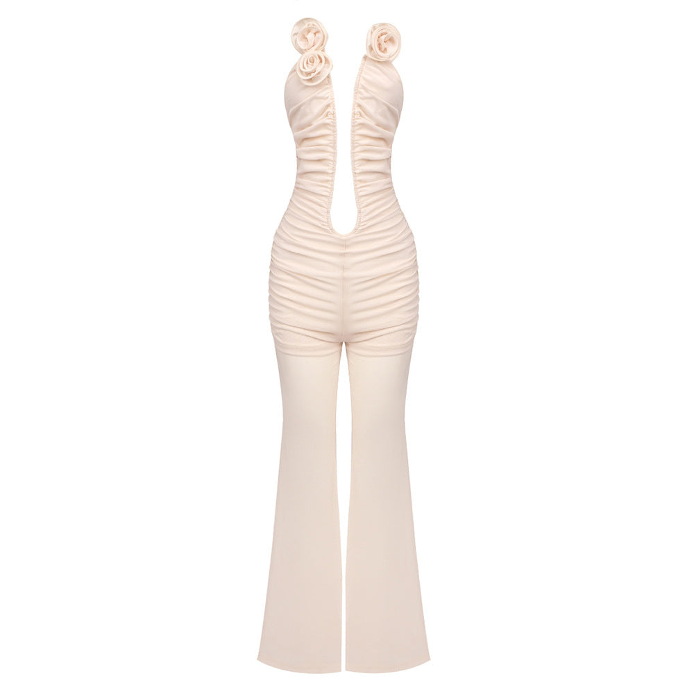 Mesh Jumpsuit Trousers Slim Dress Red For Women